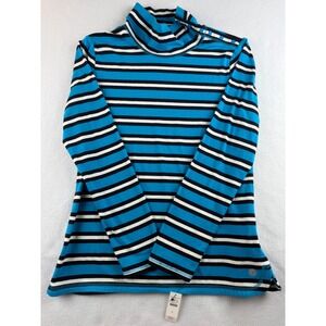 T by Talbots Womens‎ Striped Button Shoulder Mock Neck Top Turquoise Small